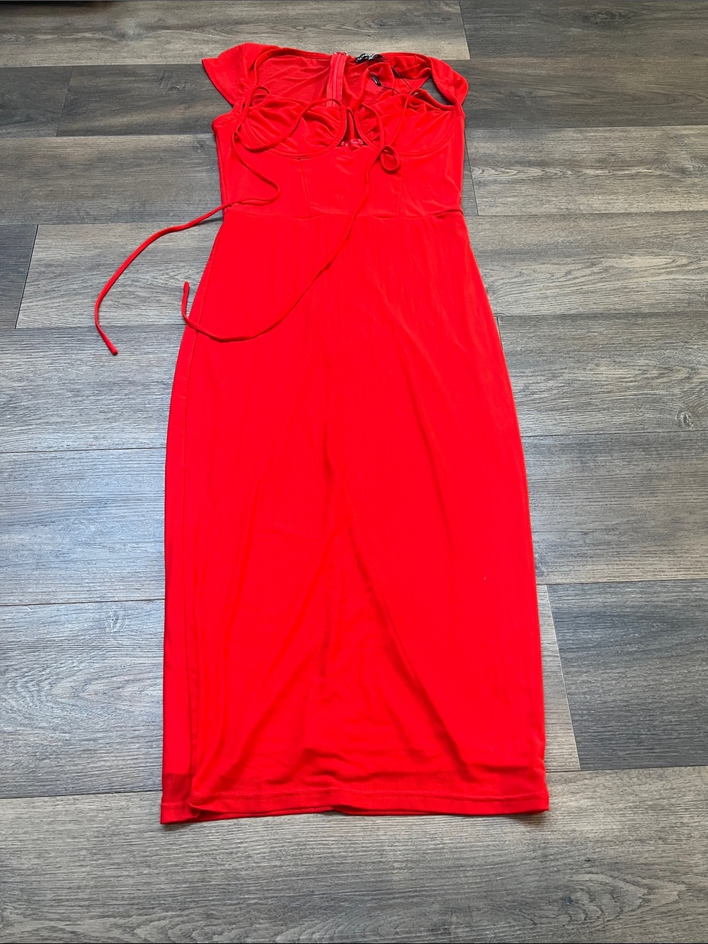 Fashion Nova Red Midi Dress with Ruched Bust and Tie